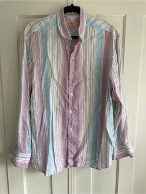 Tommy Bahama Men's Longsleeve Shirt Vertical Stripe Button-Down Large 100% Linen